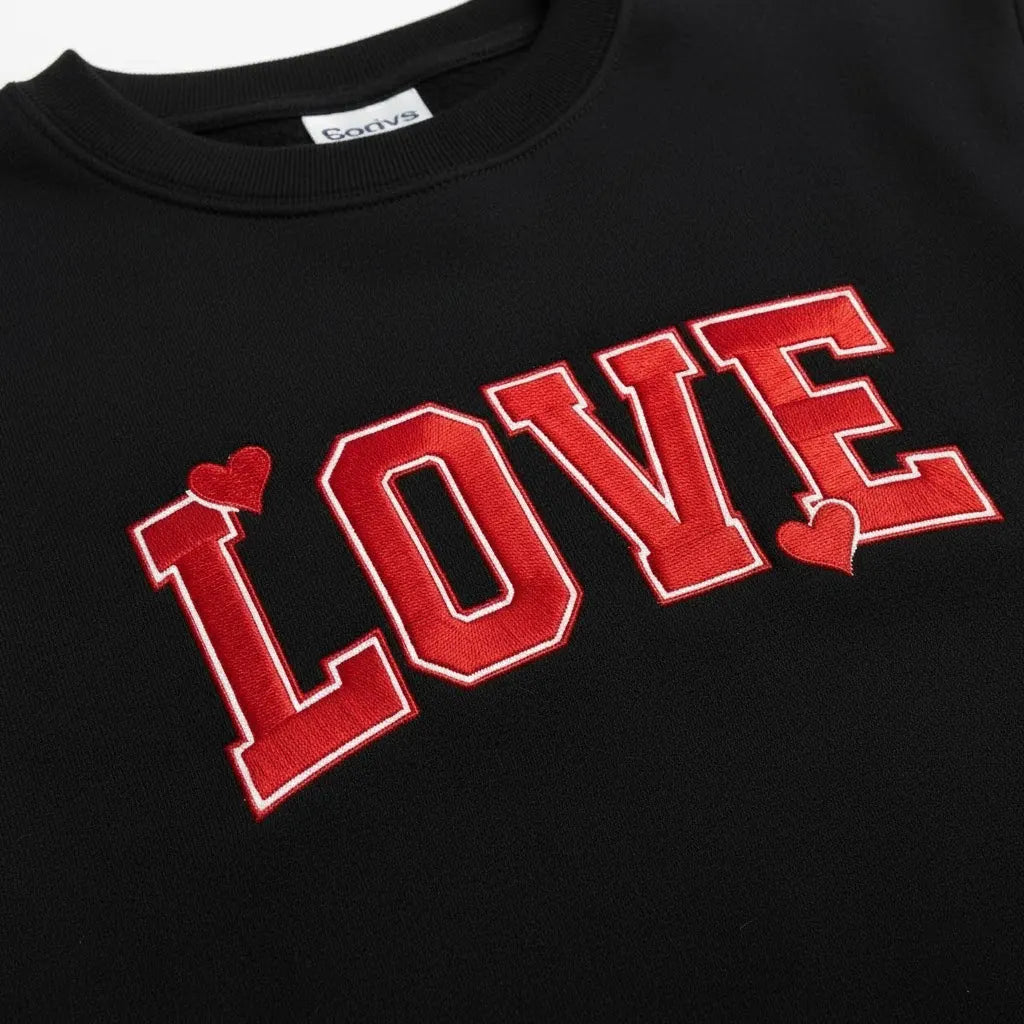 Embroidered Love Text Sweatshirt – Custom Stitched Lettering, Casual Style