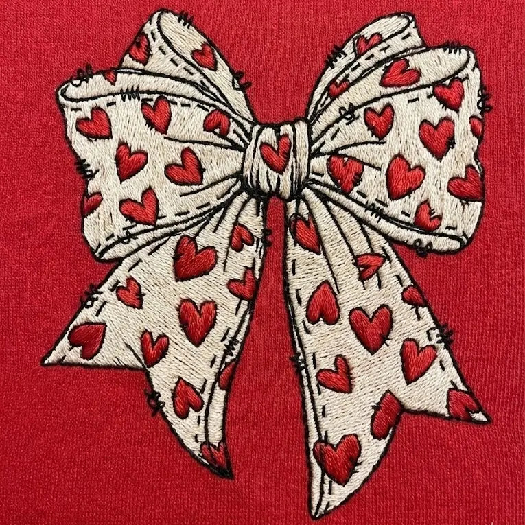 Embroidered Bow Sweatshirt – Hand-Stitched Heart Bow Design, Soft Cozy Wear
