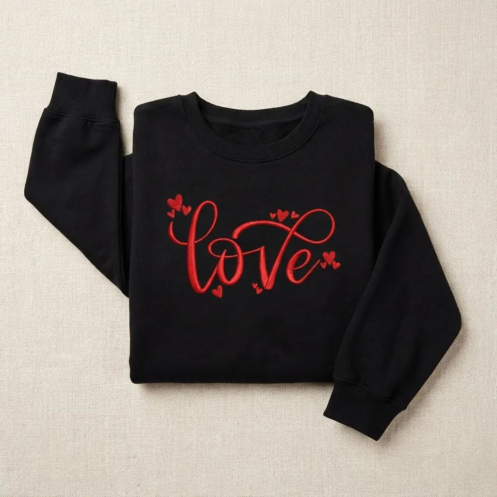 Embroidered Love Script Sweatshirt – Hand-Stitched Lettering, Cozy Everyday Wear