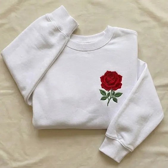 Embroidered Rose Sweatshirt – Custom Stitched Floral Design, Minimal Style