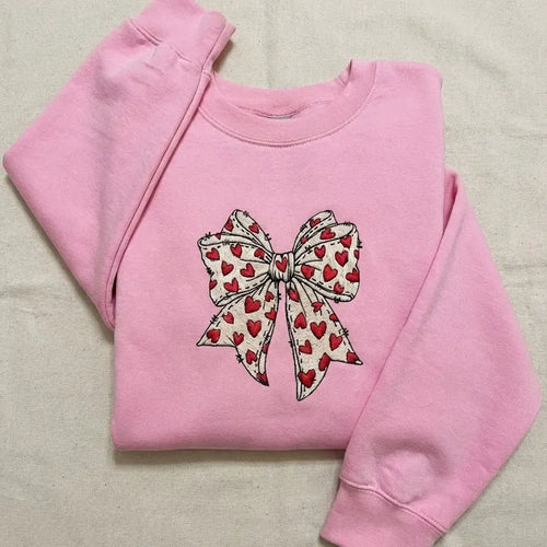 Embroidered Bow Sweatshirt – Hand-Stitched Heart Bow Design, Soft Cozy Wear