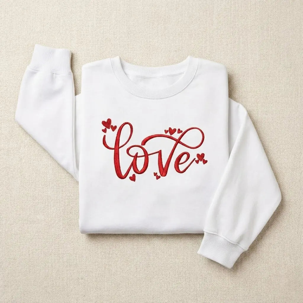 Embroidered Love Script Sweatshirt – Hand-Stitched Lettering, Cozy Everyday Wear