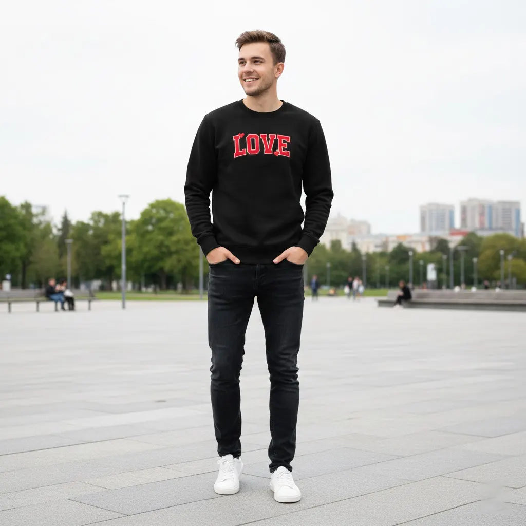 Embroidered Love Text Sweatshirt – Custom Stitched Lettering, Casual Style