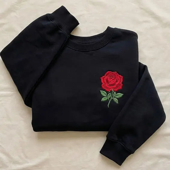 Embroidered Rose Sweatshirt – Custom Stitched Floral Design, Minimal Style