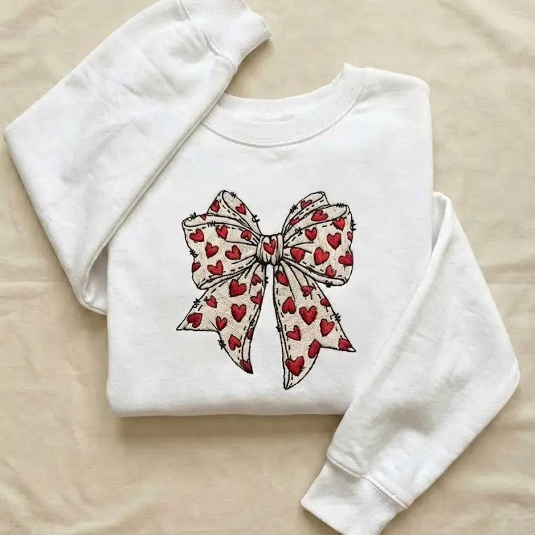Embroidered Bow Sweatshirt – Hand-Stitched Heart Bow Design, Soft Cozy Wear